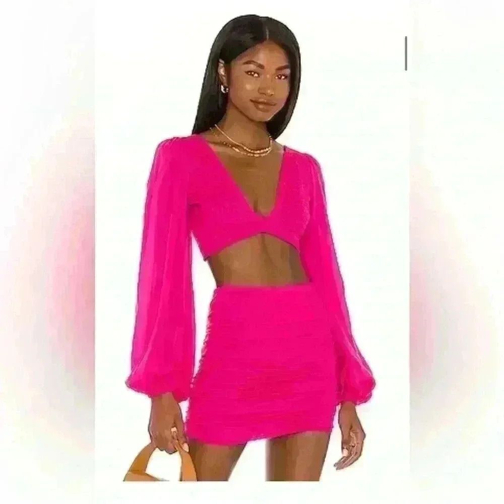 Indah Revolve Biru Ruched Crop Top & Skirt Set in Pink